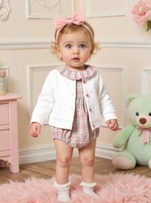 Souflis Souflis 2pcs Baby Girls Casual Retro Cardigan Jacket Long Sleeve Top And Plaid Retro Jumpsuit Set With Hat Baby Girl School Clothes Plaid Plaid Baby Clothes Baby Clothes Set Baby Girl Outfit Set Baby Girl Clothes Plaid Baby Girl Clothes Fall - Multicolor - View 7