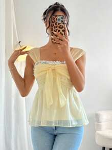 Chiquease Women's Summer Pleated Splice Sequin Ribbon Chiffon Camisole Creamy Yellow Clothes For University - Yellow - View 4