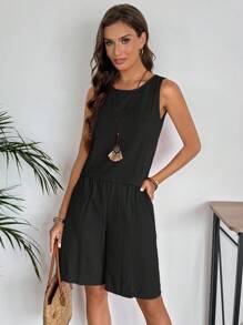 EMERY ROSE Women's Solid Color Round Neck Sleeveless Top And Shorts Casual 2 Pieces Set Short Sets For Women Vacation