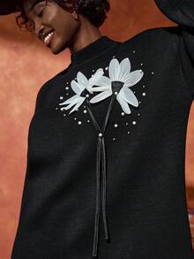 EURMUSE Black Knit Co-Ord Set With Floral Print And Pearl Stud Embellishments 3d Flower Sweater 3d Flower Top 3d Flower Dress Daisy Dress Women Floral Applique Dress Womens Novelty Tops Womens Daisy Sweater,Winter Clothes - Black - View 2