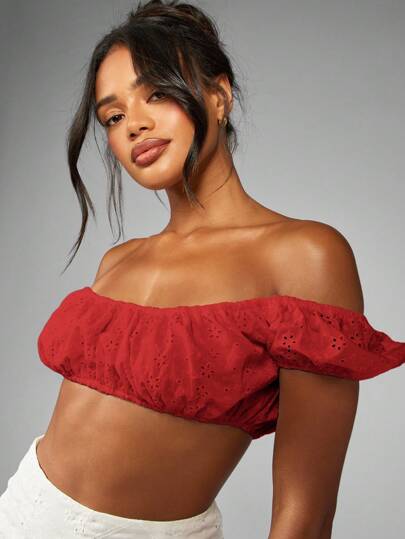 MISSGUIDED Top corto con hombros descubiertos, bordado inglés, mangas abultadas, estilo boho, para verano, festival, playa, con volantes, flores y ojales, femenino, para vacaciones y navidad