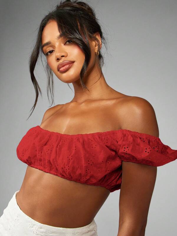 MISSGUIDED Off Shoulder Broderie Anglaise Crop Top Puff Sleeve Summer Boho Festival Beach Ruffle Floral Eyelet Feminine Vacation Holiday Christmas
