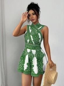 Elenzga 女式全身印花露背交叉连体衣