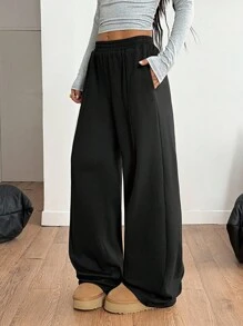 Coolane Celana Sweatpants Kasual Wanita Warna Hitam Rajut dengan Potongan Lebar - Hitam - View 2