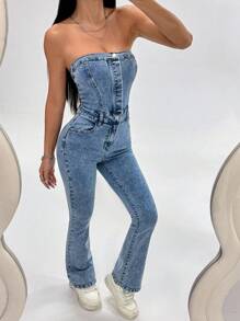 SHEIN PETITE 休闲水洗露背修身牛仔连体裤 - 藍色 - 查看 6