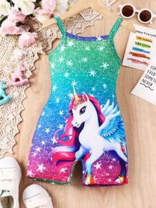 SHEIN Young Girl Toddler Girls' Simple & Cute Cartoon Animal Horse & Star Design Casual Romper - Multicolor - View 6