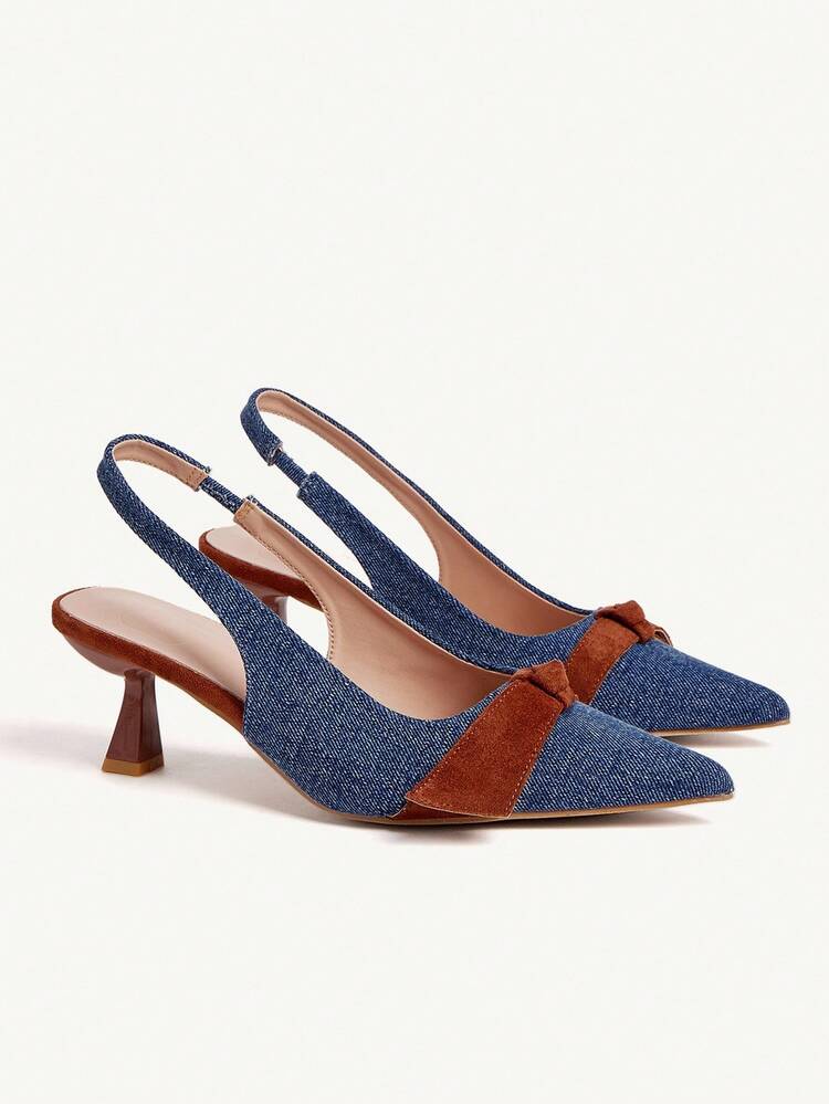 CUCCOO CHICEST Tacones de punta fina con bloques de color en ante con acento de lazo para mujer, zapatos elegantes de tacón de gatito para vestir y uso casual, marrón y azul