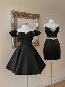 Lovelzi Elegant Black Satin Off Shoulder V-Neck Shoulder Luxury Three-Dimensional Rhinestone-Embellished A-Line Tutu Dress With Adjustable Straps On The Back, Suitable For Dates, Beach Vacations, Singles, Birthdays, Coming-Of-Age Ceremonies, Parties, Graduation Homecoming Season, Wedding Guests, Women Prom Dresses, Party Dress