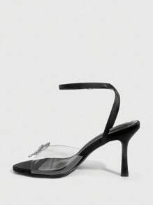 CUCCOO SZL 女士黑色缎面和TPU蝴蝶水钻装饰带踝带性感高跟凉鞋，时尚优雅，适合夏季 - 黑色 - 查看 9