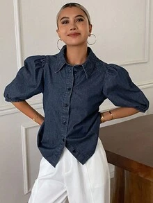 Livesso 女式夏季翻领泡泡袖收腰牛仔衬衫