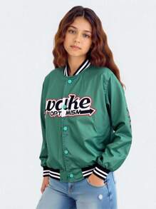 Girls' Minimalist Fashion Cool Embroidery Woven Baseball Jacket Cardigan With Snap Buttons Girls Letterman Jacket Varsity S Girls Bomber Jacket Girls Satin Jacket Varsity Jacket Girls - Green - View 1
