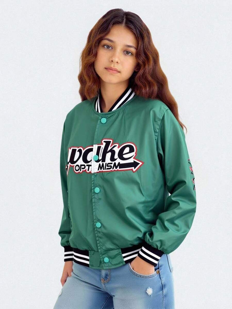 Girls' Minimalist Fashion Cool Embroidery Woven Baseball Jacket Cardigan With Snap Buttons Girls Letterman Jacket Varsity S Girls Bomber Jacket Girls Satin Jacket Varsity Jacket Girls - Green - View 1