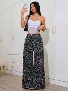 SHEIN ICON Women's Casual Leopard Print Wide Leg Jeans