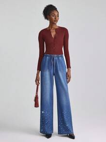 SHEIN Essnce Women's Rhinestone Star Drawstring Waist Pocketed Casual Jeans - Dark Wash - View 6