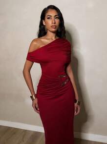 Glamine 女式不对称褶饰不对称肩部金属装饰束腰无袖连衣裙