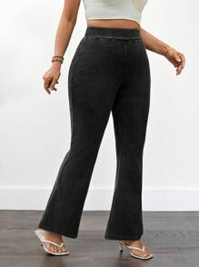 SHEIN Tall CURVE جينز أسود بخصر مطاطي وساق واسعة، مناسب للمناسبات الكاجوال والخروج والنوادي والمطار، مناسب للمقاسات الكبيرة، للصيف والخريف والعودة للمدرسة والهالوين والطراز Y2K من القرن ال- 2000، طراز شارع جميل، غوث، جرانج، تكنو - الأسود - مشاهدة 3