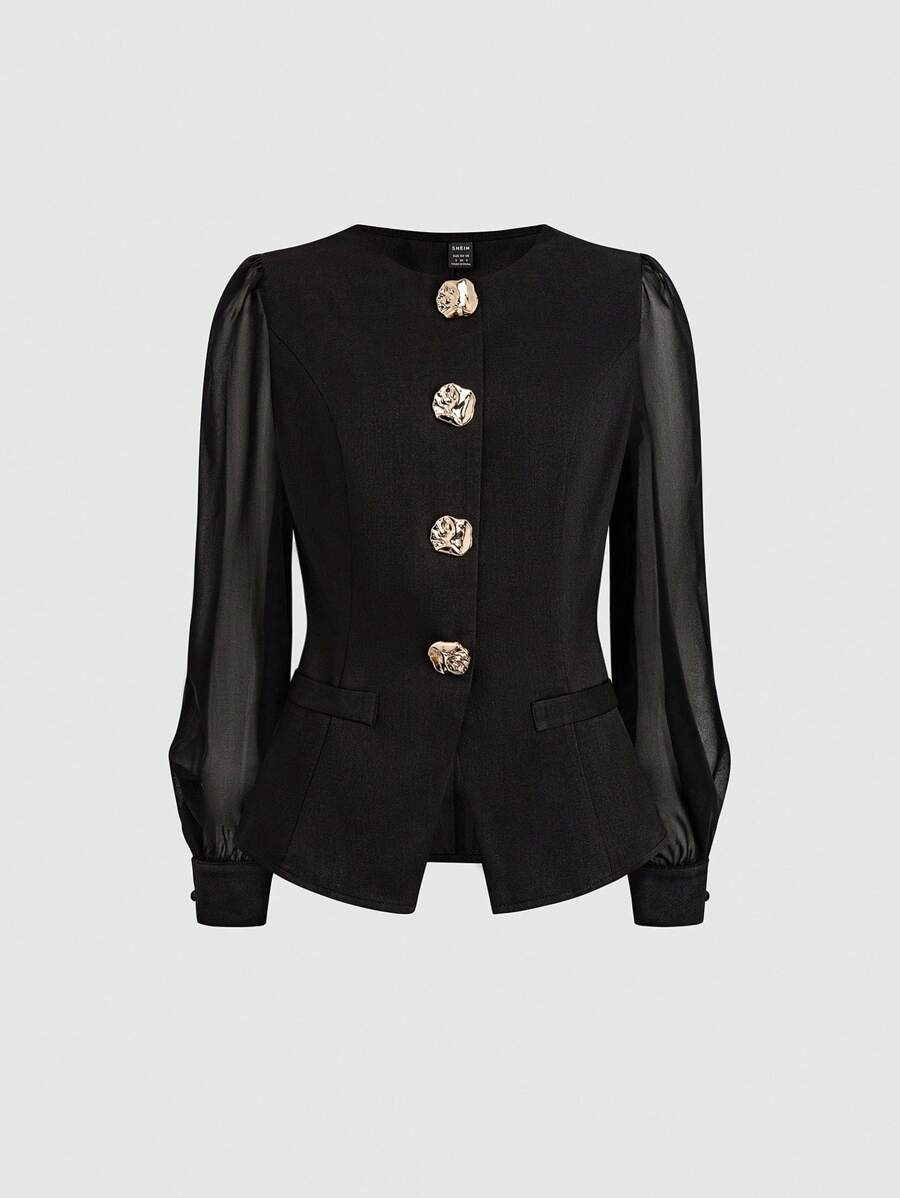 GlowEve Áo sơ mi tay dài đính nút kim loại bất đối xứng thanh lịch dành cho nữ - màu đen - Xem 1