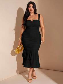 SHEIN BAE 大码女式 V 领褶饰荷叶边下摆中长款修身连衣裙，度假派对连衣裙 - 黑色 - 查看 6