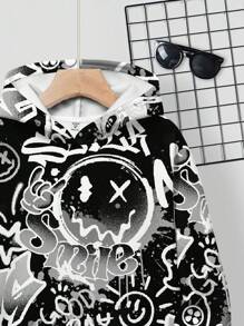 SHEIN 青少年男孩休闲简约卡通图案落肩卫衣，适合秋冬季