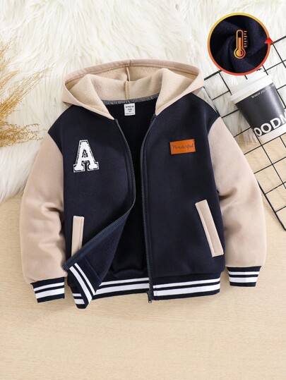 SHEIN Toddler Boys Casual Patchwork Color Block Thick Hooded Jacket, Suitable For School, Garden, Birthday, Fall, Winter Season, Halloween, Vintage