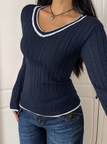 SHEIN EZwear Elegant Rib-Knit Navy Blue V-Neck Sweater With Regular Hem And Striped Detailing,Fall Clothes For Women