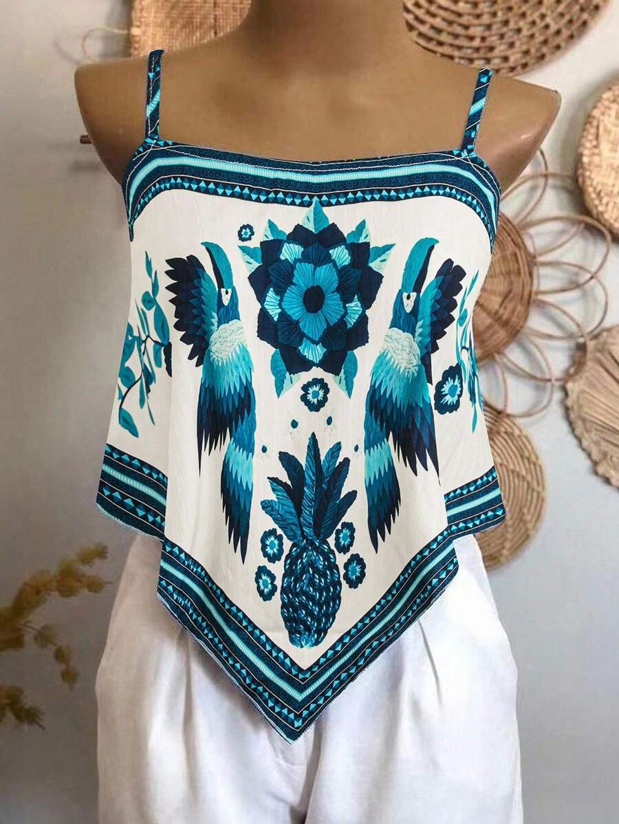 Flirla 大码女装节日、波西米亚风、嬉皮士风、牛仔风、复古风花卉印花不对称下摆吊带背心 - 彩色 - 查看 1