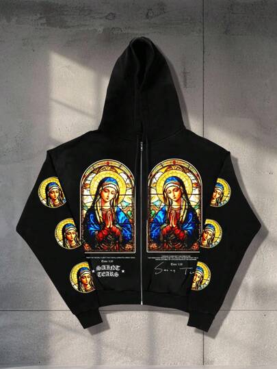 Goth Chaqueta con cremallera de sudadera para hombre con estampado de la Virgen María, otoño/invierno