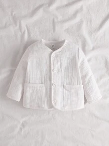 SHEIN 1pc Baby Boys' Cotton Long Sleeve Jacket, Single-Breasted With Pockets, Loose Fit Korean Style Casual Outerwear, Soft & Comfortable Fabric, Suitable For Autumn/Winter Wear Fall - Apricot - View 7