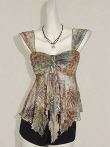 SHEIN ICON 女式西部复古波西米亚风热带植物印花褶饰不对称下摆时尚粗肩带吊带背心