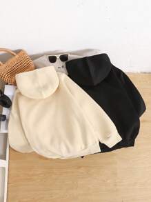 SHEIN Bộ 2 áo nỉ trùm đầu dệt kim tối giản thoải mái cho bé gái tuổi mới lớn, thích hợp mặc khi đi chơi, đi học, mặc hàng ngày, mùa thu/đông - Màu be - Xem 2