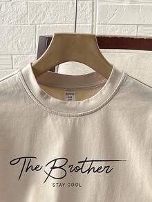SHEIN Tween Boys Khaki Letter Print Short Sleeve T-Shirt,Minimalist Silhouette Soft Fabric Comfortable Fashion Beige Summer Casual School Outdoor Activities - Khaki - View 4