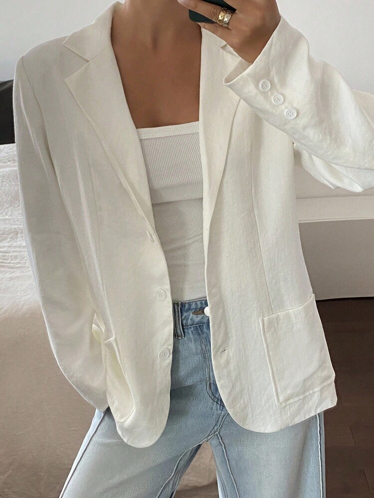 Livesso Women's Solid Color Loose Casual Blazer Jacket Business Attire - White - View 4