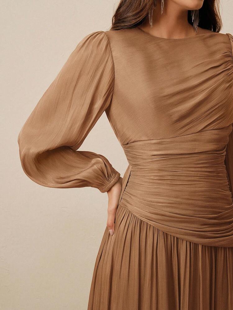 Women's Long Dress, Round Neck, Waist Ruched, Puff Sleeve, Long Sleeve, Olive Green, Glossy, Elegant & Versatile Dress