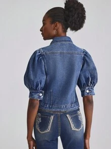 SHEIN Frenchy 女式休闲水洗水钻装饰泡泡袖牛仔夹克 - 藍色 - 查看 2