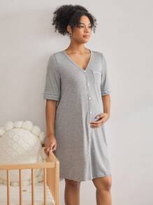 BloomMama Maternity Loungewear - Short Sleeve Top + Knee-Length Jumpsuit Breastfeeding Pajamas Postpartum Loungewear Sleepwear Women Button Front