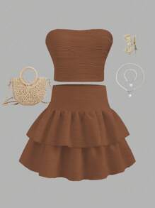2 件套青少年女孩海滩度假日常法式甜美修身抹胸和高腰荷叶边迷你裙，针织面料吊带背心 - 棕色 - 查看 4