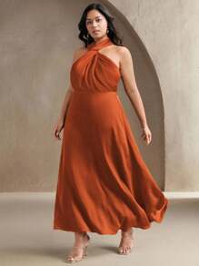 Anewsta Váy chữ A cổ chéo bằng vải voan thanh lịch cỡ lớn, váy midi dài cao cấp màu xanh lá cây ôm sát cho tiệc sinh nhật, mùa hè, ngày lễ, trang phục thường ngày, lễ hội, khách dự tiệc cưới - trái cam - Xem 4