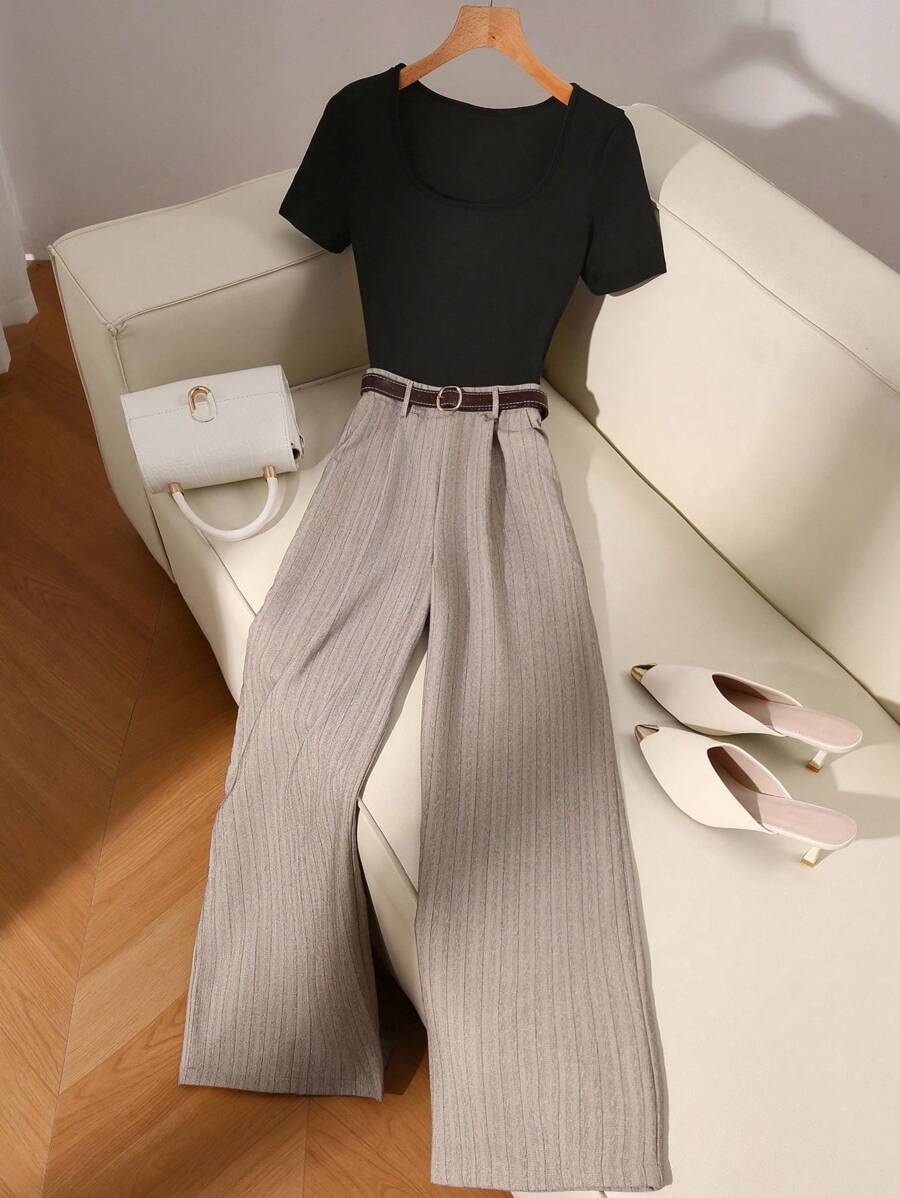 Franclia Summer Casual Commuter Solid Color Short Sleeve Top And Striped Wide Leg Pants Set Clothes For University - Black - View 1