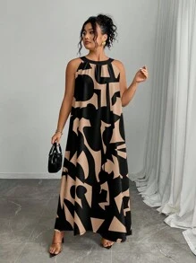 SHEIN 大码女式夏季时尚撞色印花吊带连衣裙