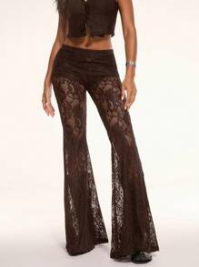 SHEIN BAE Quần ống loe ren trơn màu đen gợi cảm cho nữ, thích hợp cho mùa hè, tiệc tùng, lễ hội, trang phục phương Tây cho nữ, phong cách Boho - Cà phê nâu - Xem 6