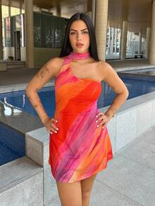 Lucia Bellido 女士蜡染印花无袖迷你直筒连衣裙，时尚单肩带 - 橘色 - 查看 2