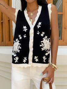 SHEIN Frenchy Damen Mode Lässig Kontrast Farbe Blumen Stickerei Spitze Pullover Strickweste Damen Strickweste Blumen Strickweste Stickerei Strickweste, Herbst/Winter, ärmelloser gestrickter warmer Woll-Oberteil mit Kontrastbesatz, Lässig Alltags-Tragen, FW25, Pendeln, Minimalistisch, Büro, Old Money, Einfach, Herbst/Winter, Damen gestrickte Weste Knopfleiste Ärmellos Strickjacke, Ganzjährig