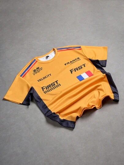 Manfinity Campus Court Men's Casual Colorblock Letter Print T-Shirt, Summer