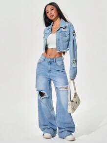 SHEIN PETITE Casual Washed Distressed Frayed Hem Cropped Denim Jacket - Light Wash - View 3
