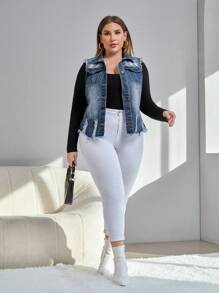 SHEIN Essnce Plus Ripped Raw Cut Vest Denim Jacket - Medium Wash - View 4