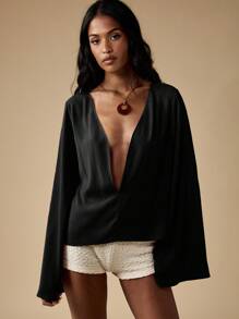 MISSGUIDED 编织雪纺喇叭袖低胸衬衫长袖深 V 领流苏细节秋冬晚会优雅衬衫上衣 - 黑色 - 查看 4