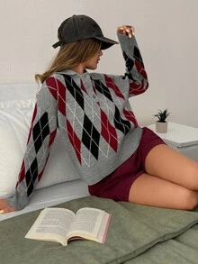 EURMUSE Women Diamond Pattern Polo Neck Button Detailed Drop Shoulder Pullover,Jumper,Cream Jumper,Jumpers,Black Jumper,Womens Jumper,White Jumper,Women's Jumper,Women's Jumpers,Winter Clothes - Multicolor - View 3