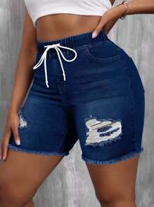 EURMUSE Plus Size Women Casual Distressed Frayed Drawstring Denim Shorts - Dark Wash - View 5