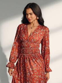 Chiquease Robe longue ample à manches longues avec imprimé floral marguerite pour femmes - Orange brûlé - Voir 5