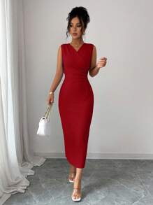 Elenzga Đầm ôm body màu trơn không tay cổ chữ V thoải mái, dễ thương, quyến rũ, lãng mạn, đi làm, thường ngày dành cho nữ - Màu Đỏ Sâu - Xem 5